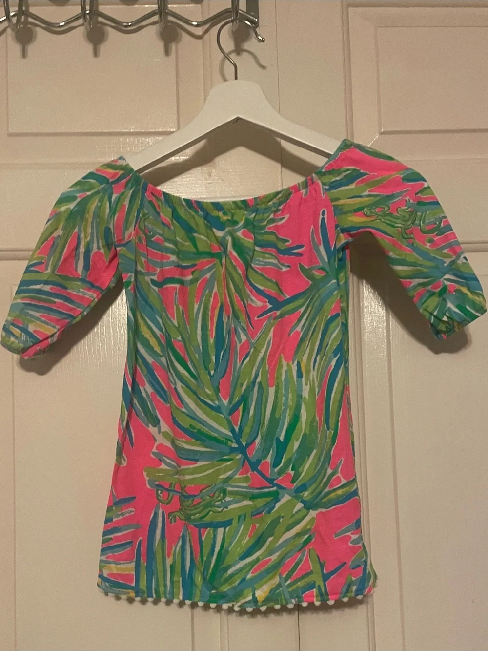 Lilly Pulitzer Girls Tropical chameleon Dress XS (2-3) with Pom Pom Trim